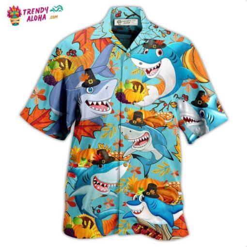 Shark Thanksgiving So Funny Trendy Aloha Hawaiian shirt, Beach Shorts