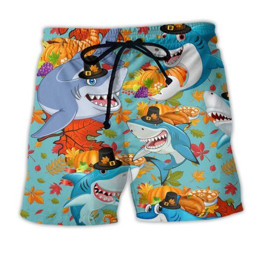 Shark Thanksgiving So Funny Trendy Aloha Hawaiian shirt, Beach Shorts