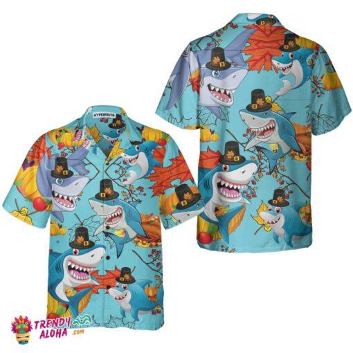 Thanksgiving Sharks Wearing Pilgrim Hat Hawaiian Shirt, Funny Thanksgiving Shirt, Gift For Thanksgiving Day