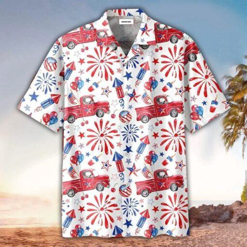 Truck And Firework Pattern Trendy Hawaiian Shirt For Men Women – 4Th Of July Button Down Aloha Shirt