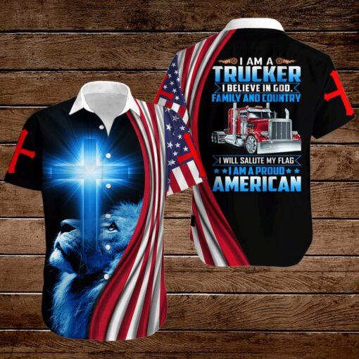 Trucker I Am A Trucker I Believe In God Family And Country Short Sleeve Hawaiian Shirt