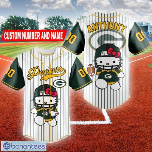 Custom Number And Name NFL Green Bay Packers Logo Hello Kitty Baseball Jersey Shirt