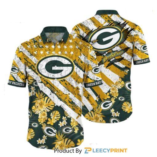 Green Bay Packers Hawaiian Shirt Floral Print American Flag Beach Style Summer