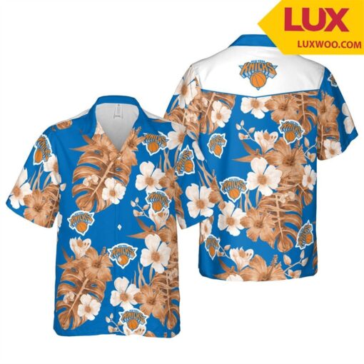 Nba New York Knicks White Orange Tropical Flowers Trendy Hawaiian Shirt V2 Aloha Shirt