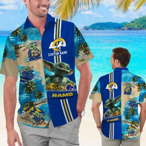 Los Angeles Rams Baby Yoda Name Personalized Short Sleeve Button Up Tropical Hawaiian Shirt