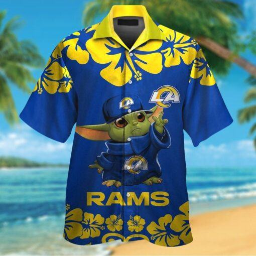 Los Angeles Rams Baby Yoda Short Sleeve Button Up Tropical Hawaiian Shirt