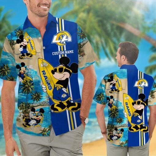 Los Angeles Rams Mickey Name Personalized Short Sleeve Button Up Tropical Hawaiian Shirt