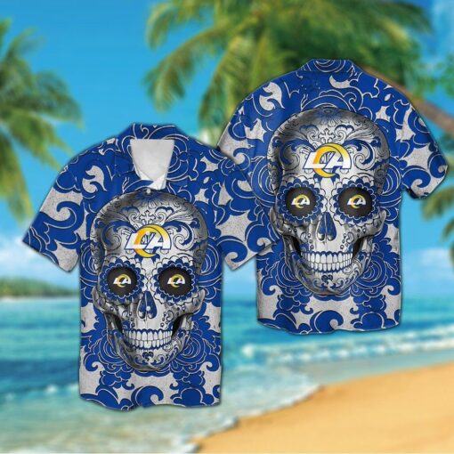 Los Angeles Rams Sugarskull Short Sleeve Button Up Tropical Hawaiian Shirt