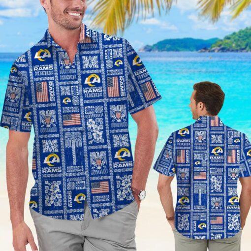 Los Angeles Rams Summer Commemorative Short Sleeve Button Up Tropical Hawaiian Shirt