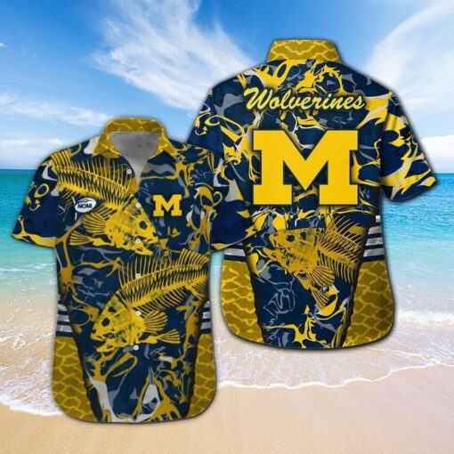 Michigan Wolverines Fishing Short Sleeve Button Up Tropical Hawaiian Shirt