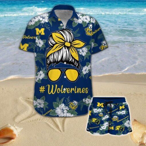 Michigan Wolverines Girl Messy Bun Short Sleeve Button Up Tropical Hawaiian Shirt