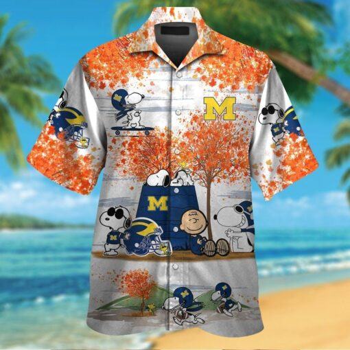 Michigan Wolverines Snoopy Autumn Short Sleeve Button Up Tropical Hawaiian Shirt