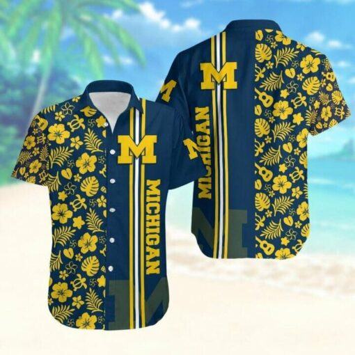 NCAA Michigan Wolverines Maize Flowers Blue Hawaiian Shirt