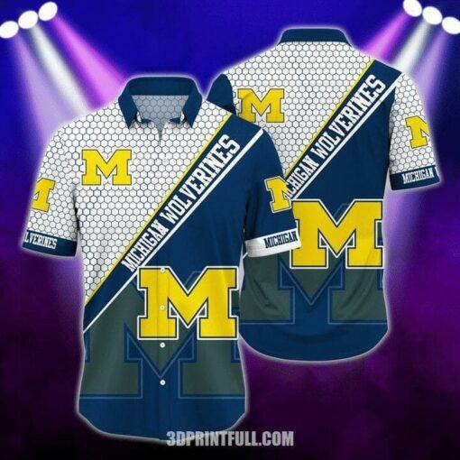 NCAA Michigan Wolverines Navy Blue White Hawaiian Shirt