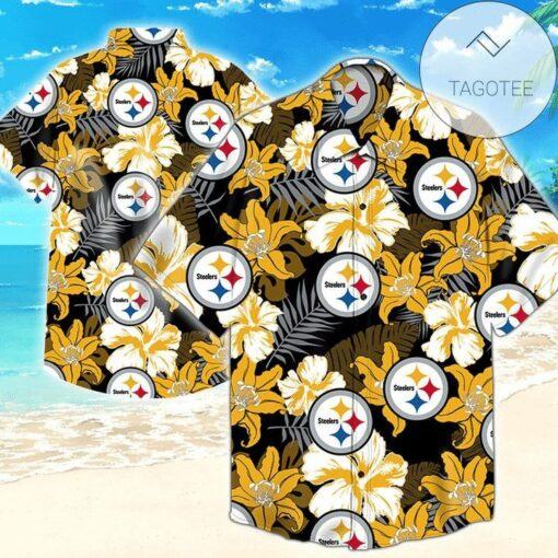 NFL Pittsburgh Steelers Golden Flower Grey Leaf Hawaiian Shirt