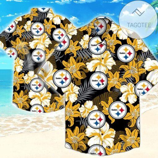 Nfl Pittsburgh Steelers Golden Flower Grey Leaf Trendy Hawaiian Shirt Aloha Shirt