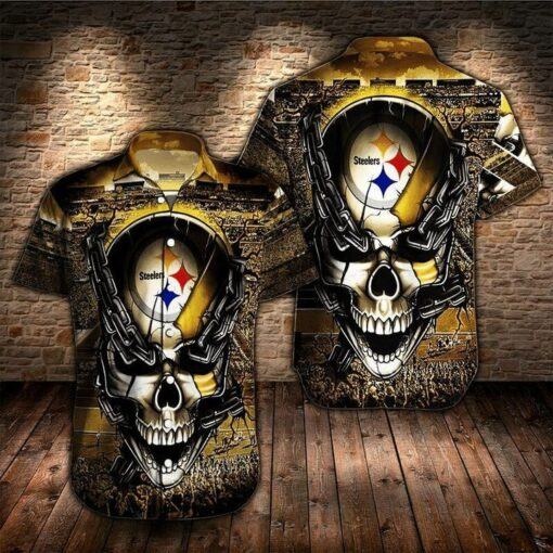 NFL Pittsburgh Steelers Iron Skull Golden Black Hawaiian Shirt