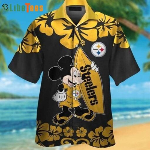 Nfl Pittsburgh Steelers Logo Mickey Holding A Surfboard Steelers Trendy Hawaiian Shirt Perfect Gifts For Your Loved Ones