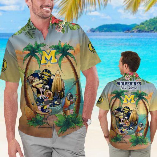 Personalized Michigan Wolverines Tropical Hawaiian Shirt Flamingo and Parrot Design