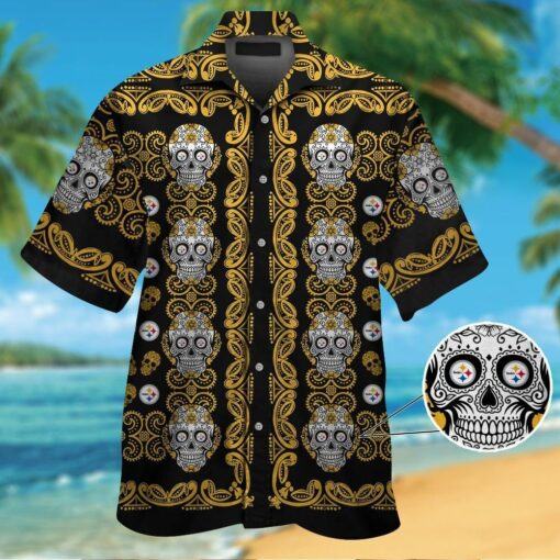 Pittsburg Steelers skull Short Sleeve Button Up Tropical Hawaiian Shirt VER01