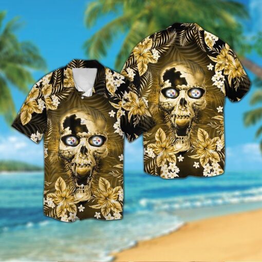 Pittsburg Steelers skull Short Sleeve Button Up Tropical Hawaiian Shirt VER02