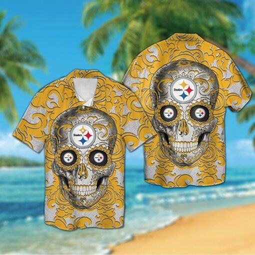 Pittsburg Steelers Sugarskull Short Sleeve Button Up Tropical Hawaiian Shirt