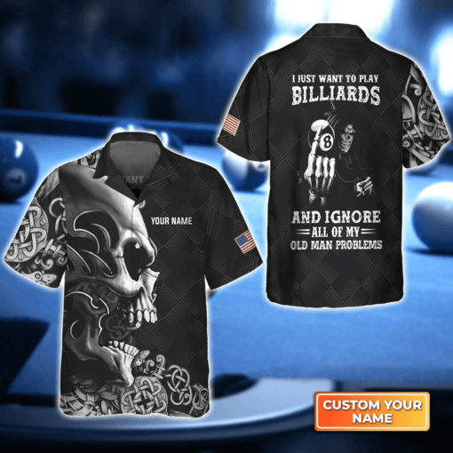 Skull Billiard 8-Ball Pool Player Old Men 3D Trendy Hawaiian Shirt, Billiard Team Shirt, Billiard Player custom name