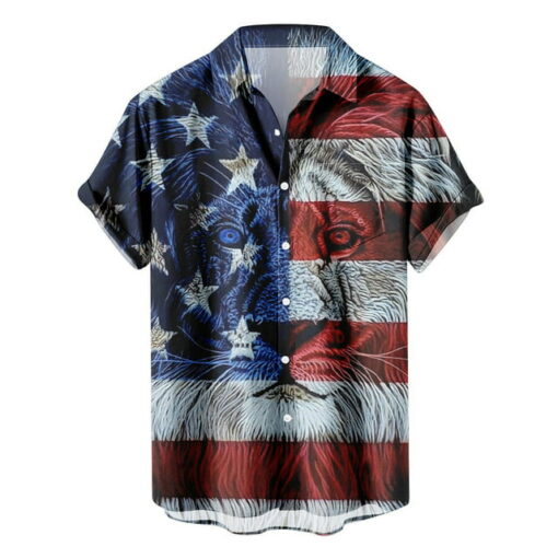 4th of July Hawaiian Shirt for Men Red and Blue Stars Stripes Print Short Sleeve Button Down Shirts