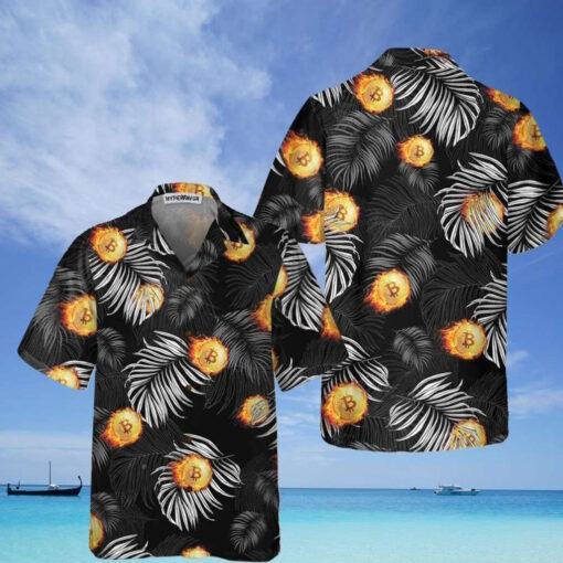 hot Bitcoin Flame And Tropical Pattern Hawaiian Shirt