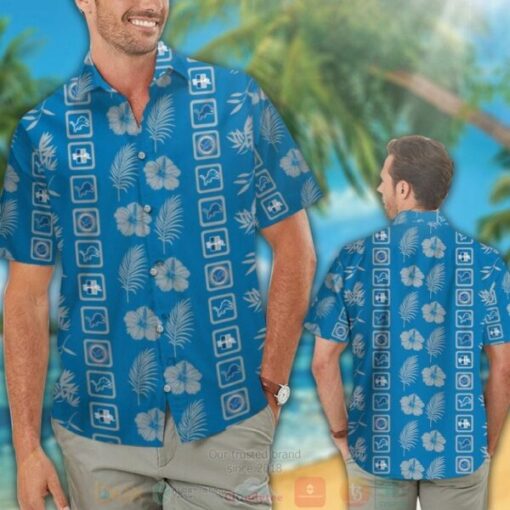 Detroit Lions Logo Tropical Plant Blue Hawaiian Shirt