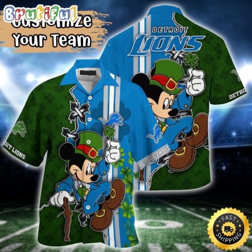Customized NFL Detroit Lions Hawaiian Shirt Mickey Mouse Saint Patricks Day Hawaii Shirt