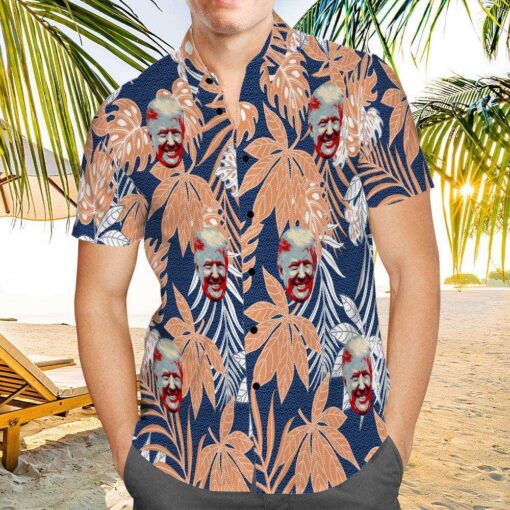 Trump 2024 Hawaiian Shirt Custom Photo Hawaiian Shirt Blue Leaves Hawaiian Shirt