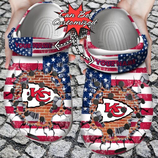 Football Crocs Personalized KC Chiefs American Flag Breaking Wall Clog Shoes