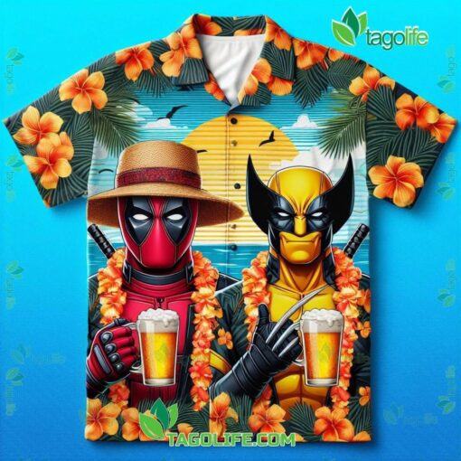 Deadpool and Wolverine Drink beer Hot Hawaiian Shirts