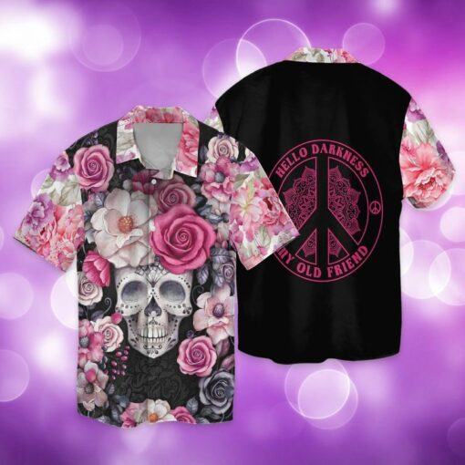 Hippie Skull Flowers Hello Darkness My Old Friend Love Peace Hot Hawaiian Shirt