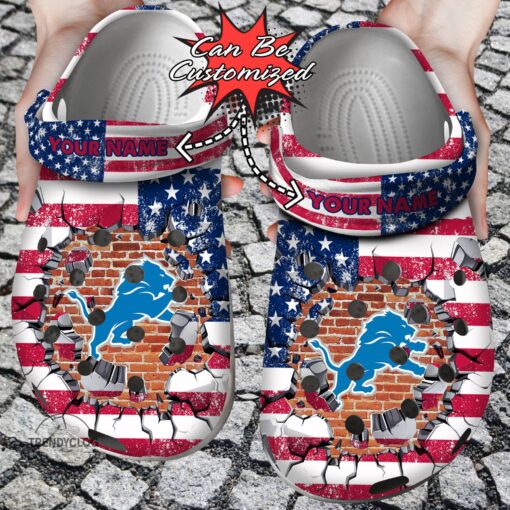 Football Personalized DLions American Flag Breaking Wall Clog Crocs Shoes