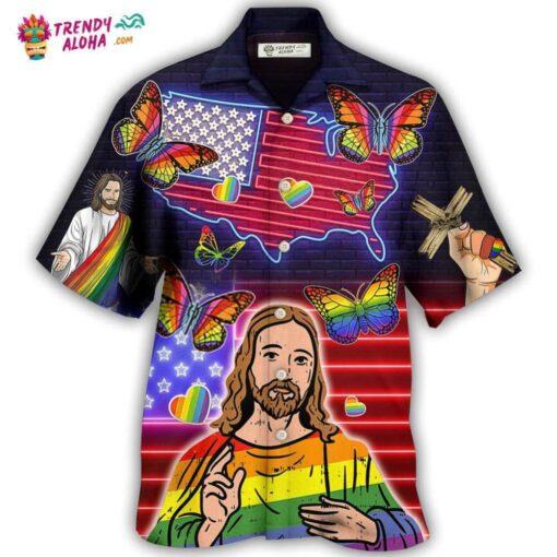 Lgbt Independence Day Jesus Butterfly Neon Hot Hawaiian Shirt