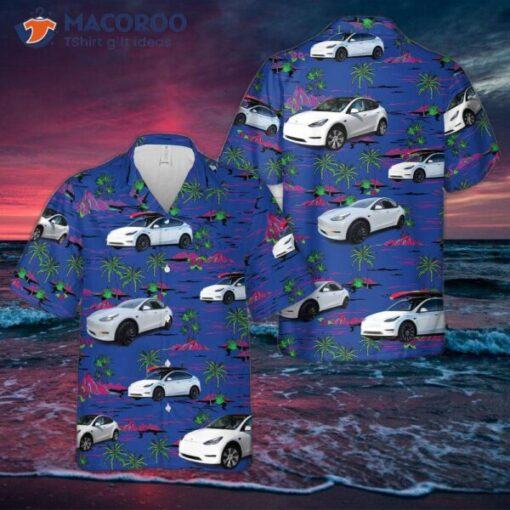 Tesla Model Y island White Hot Hawaiian Shirt