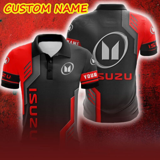 Custom Name Isuzu Logo Car Truck And Motorcycle Polka Dot Leather 3D Polo Car Shirt