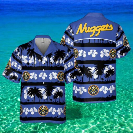 Denver Nuggets White Hibiscus Flower On Blue Background Print Hawaiian Shirt