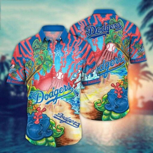 Palm Trees And Sunset Stripes LA Dodgers Hawaiian Shirt