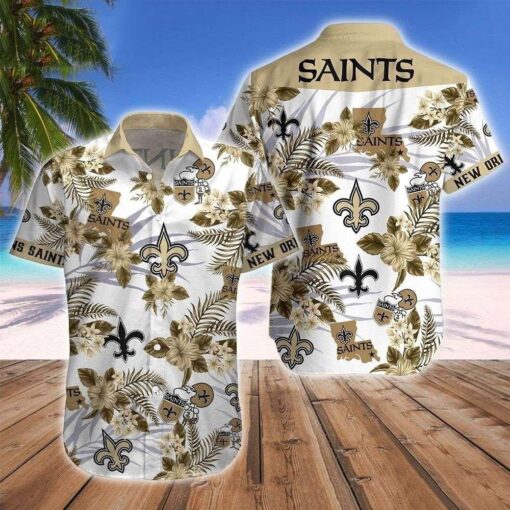 Saints Hawaiian Shirt With Tropical Foliage And Team Emblem